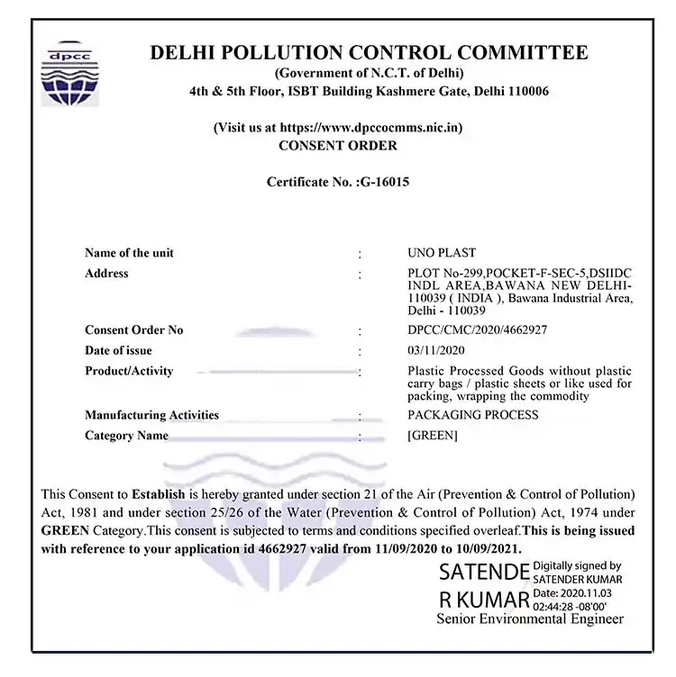 Uno Plast Certificate